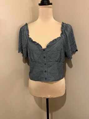 URBAN Outfitters Urban Romantics Blue Eyelet Button-Front Crop Smock back, XL